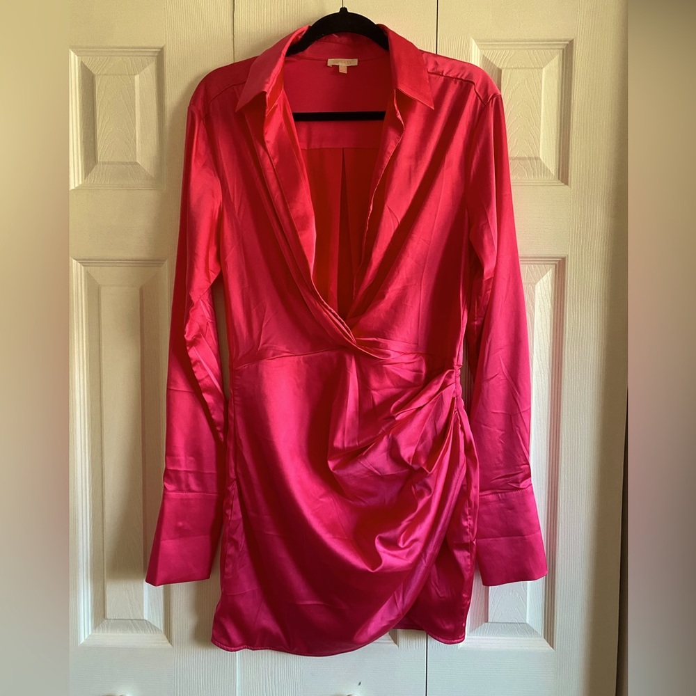 Hot pink long sleeve mini wrap dress